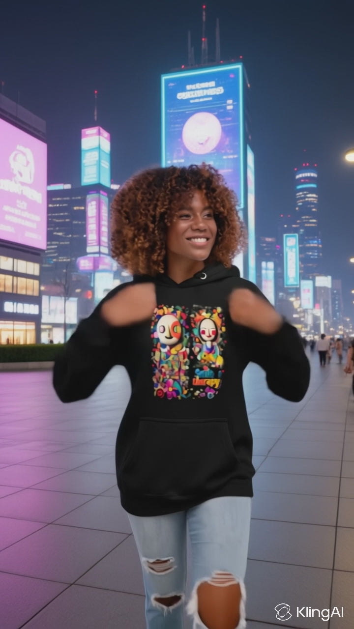 Model wearing Pekilot Japan Pop Chaos hoodie with colorful Japanese-inspired graphic in a neon Tokyo street.