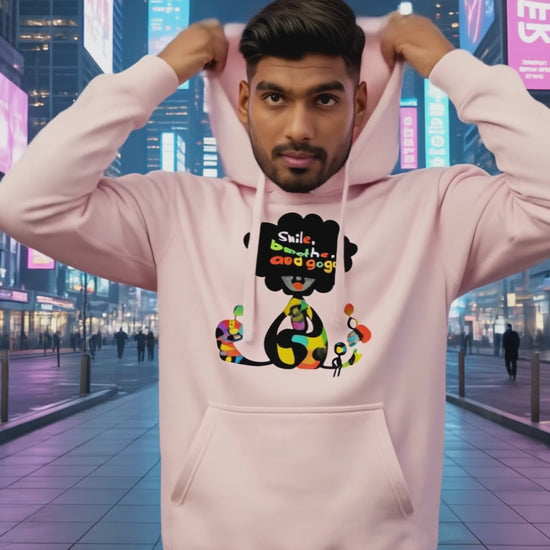 Model wearing Pekilot Japan Pop Chaos hoodie with colorful Japanese-inspired graphic in a neon Tokyo street.