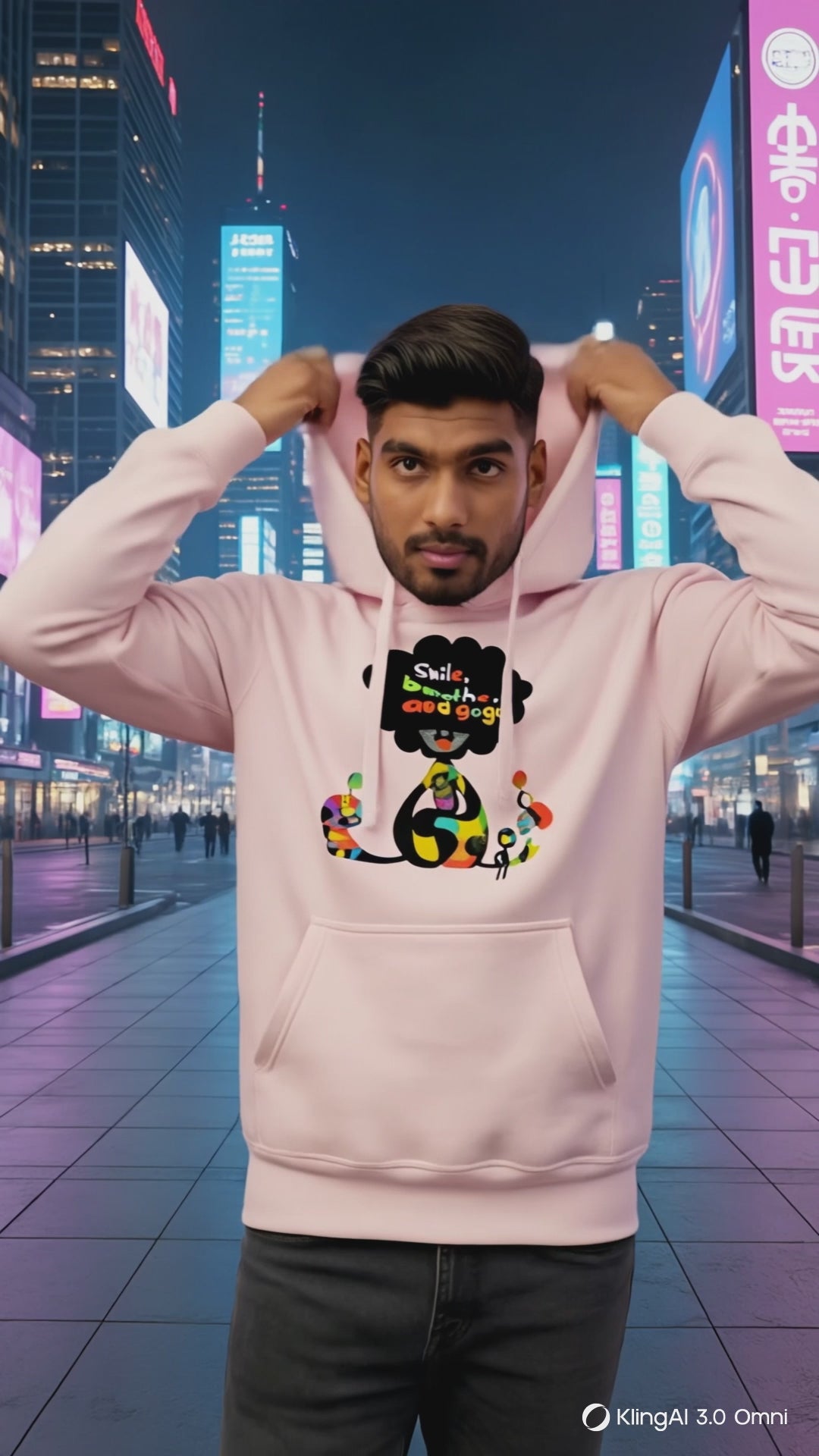Model wearing Pekilot Japan Pop Chaos hoodie with colorful Japanese-inspired graphic in a neon Tokyo street.