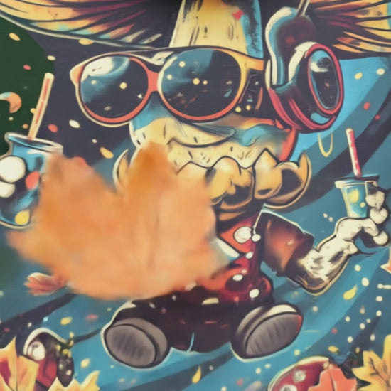 Video of a navy unisex zip hoodie featuring the MushLOL back graphic, showing close-up artwork, natural movement, hood, zipper, and back print in an urban autumn setting.