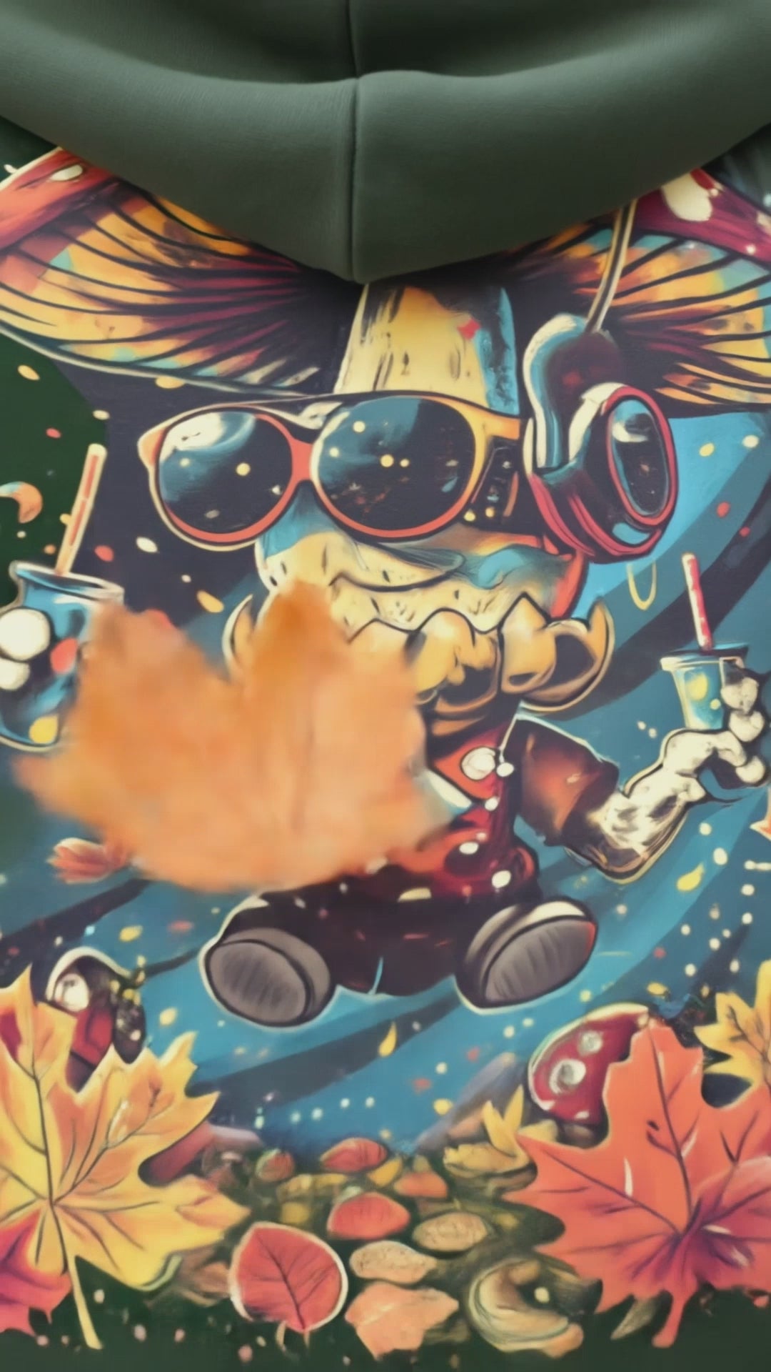 Video of a navy unisex zip hoodie featuring the MushLOL back graphic, showing close-up artwork, natural movement, hood, zipper, and back print in an urban autumn setting.