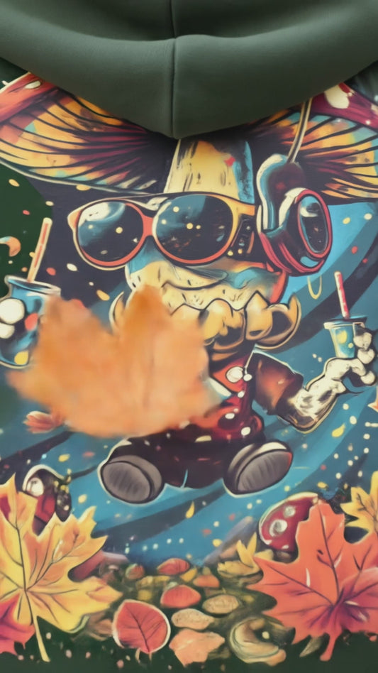 Video of a navy unisex zip hoodie featuring the MushLOL back graphic, showing close-up artwork, natural movement, hood, zipper, and back print in an urban autumn setting.