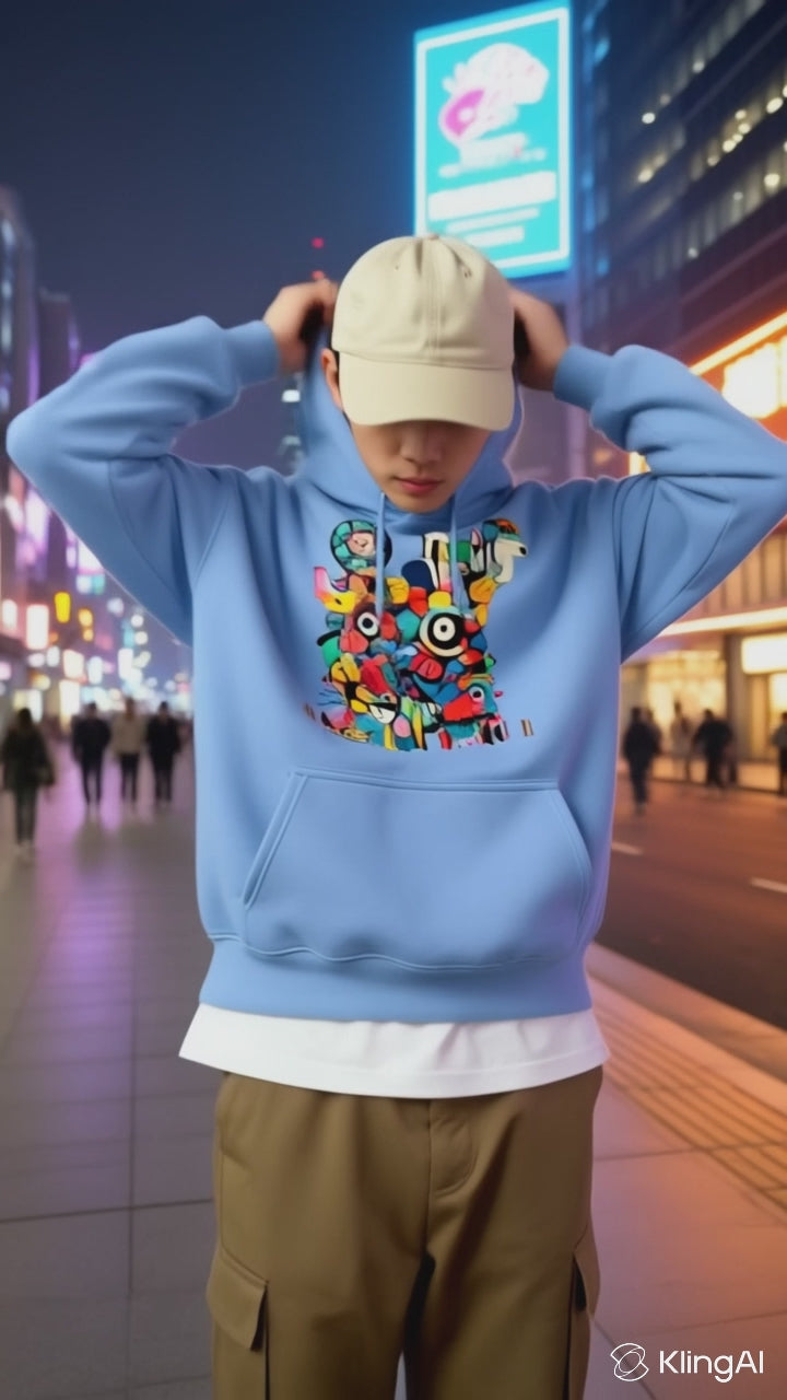 Model wearing Pekilot Japan Pop Chaos hoodie with colorful Japanese-inspired graphic in a neon Tokyo street.