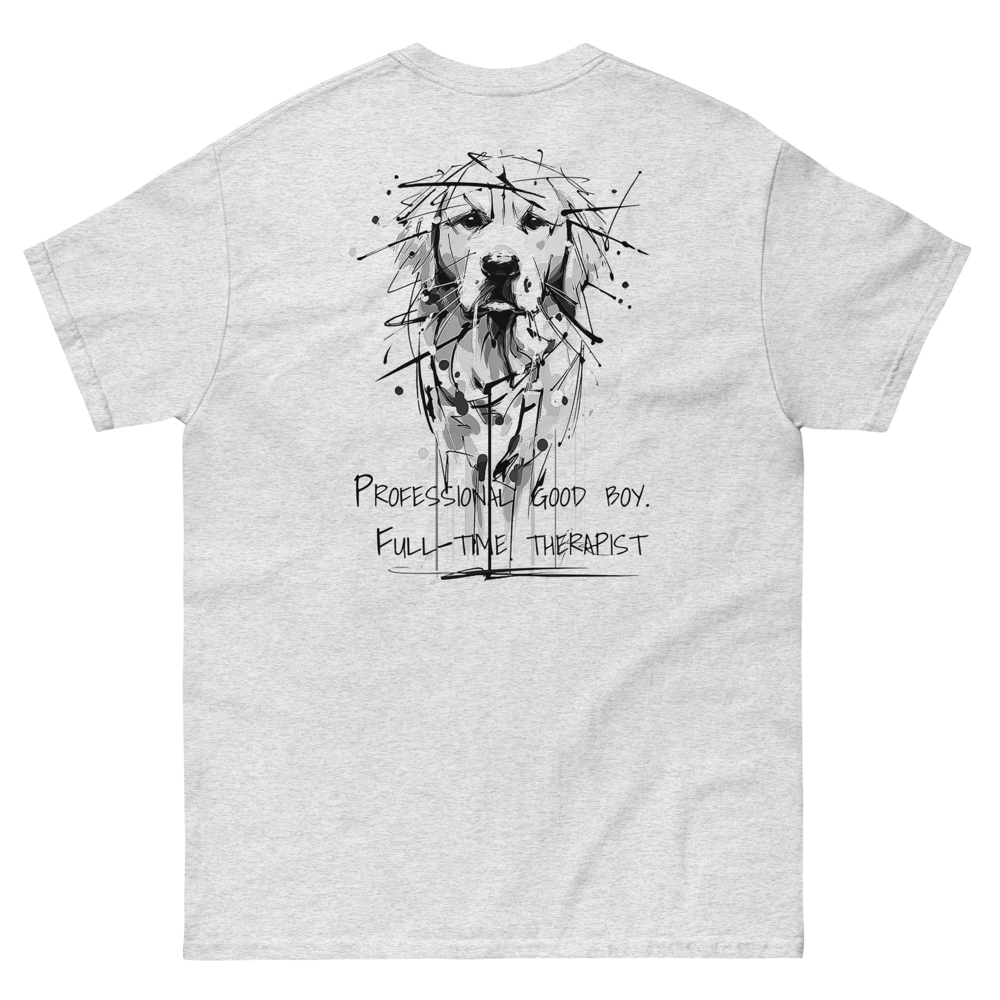 Gray unisex T-shirt – black ink Golden Retriever dog illustration,back view.