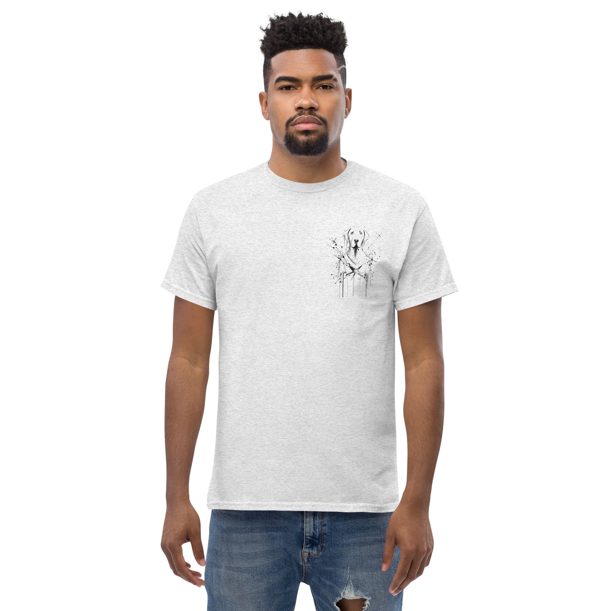 Gray unisex T-shirt – abstract black line art dog, front view on male model.