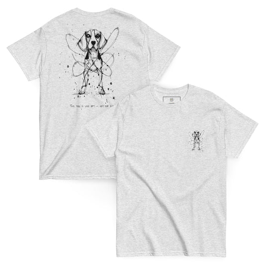 Gray unisex T-shirt – black ink Beagle dog illustration, front and back view.