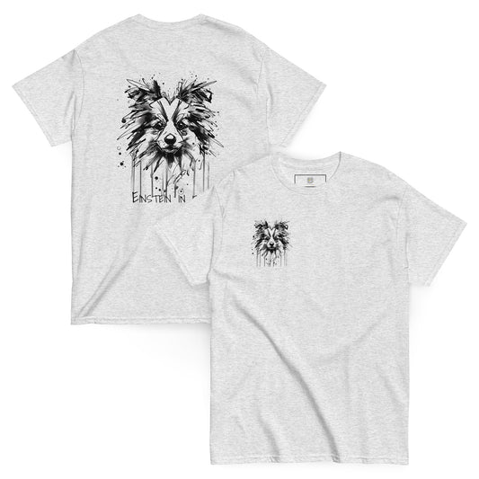 Gray unisex T-shirt – black ink Border Collie dog illustration, front and back view.