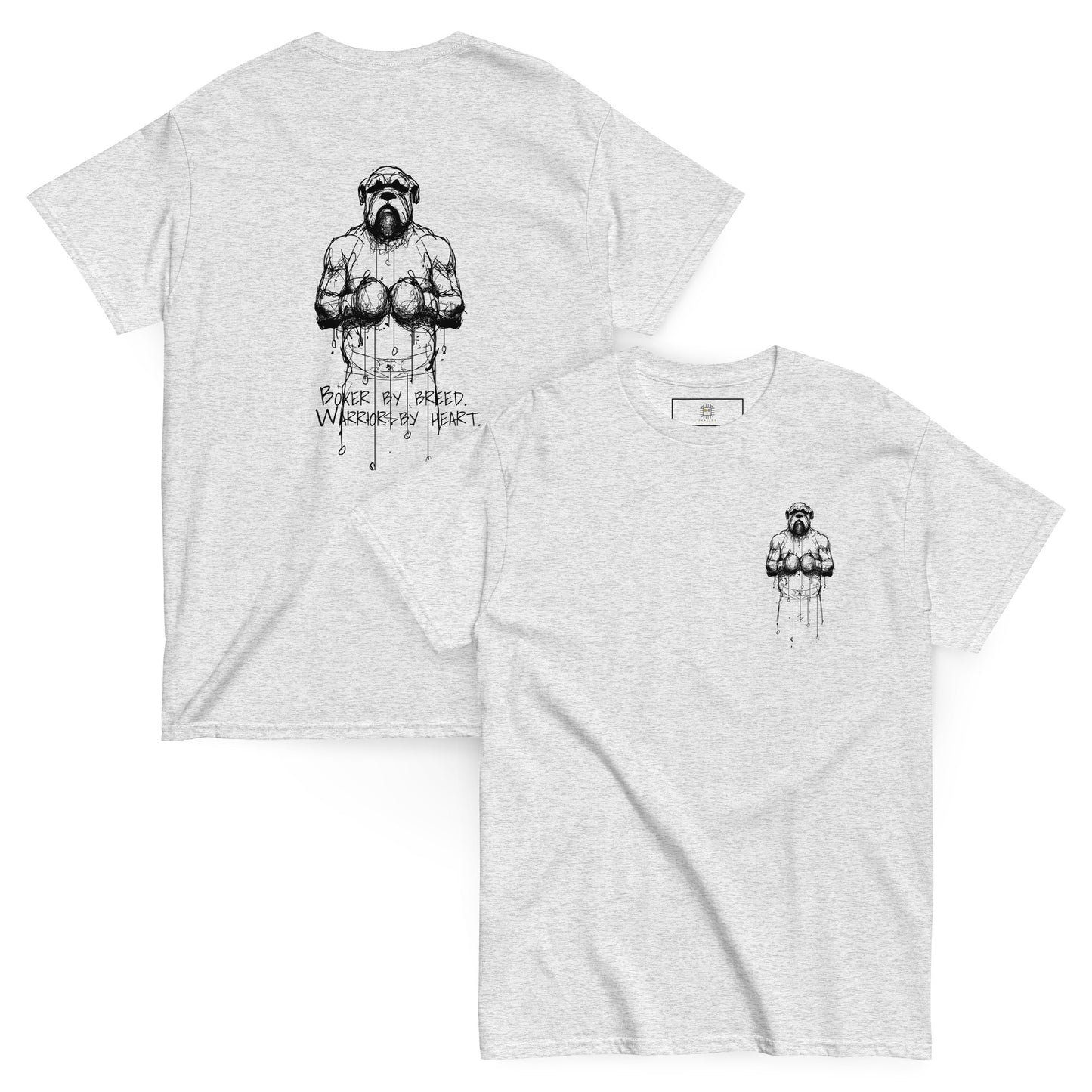 A hand-drawn Boxer from the Unleashed Lines series by Pekilot. This unisex light grey T-shirt shows the loyal and protective Boxer with bold line art, perfect for dog lovers who admire strength and devotion.