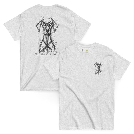 Gray unisex T-shirt – black line art dog boxer illustration, front and back view.