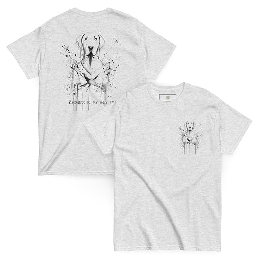 Gray unisex T-shirt – abstract black line art dog, front and back view.