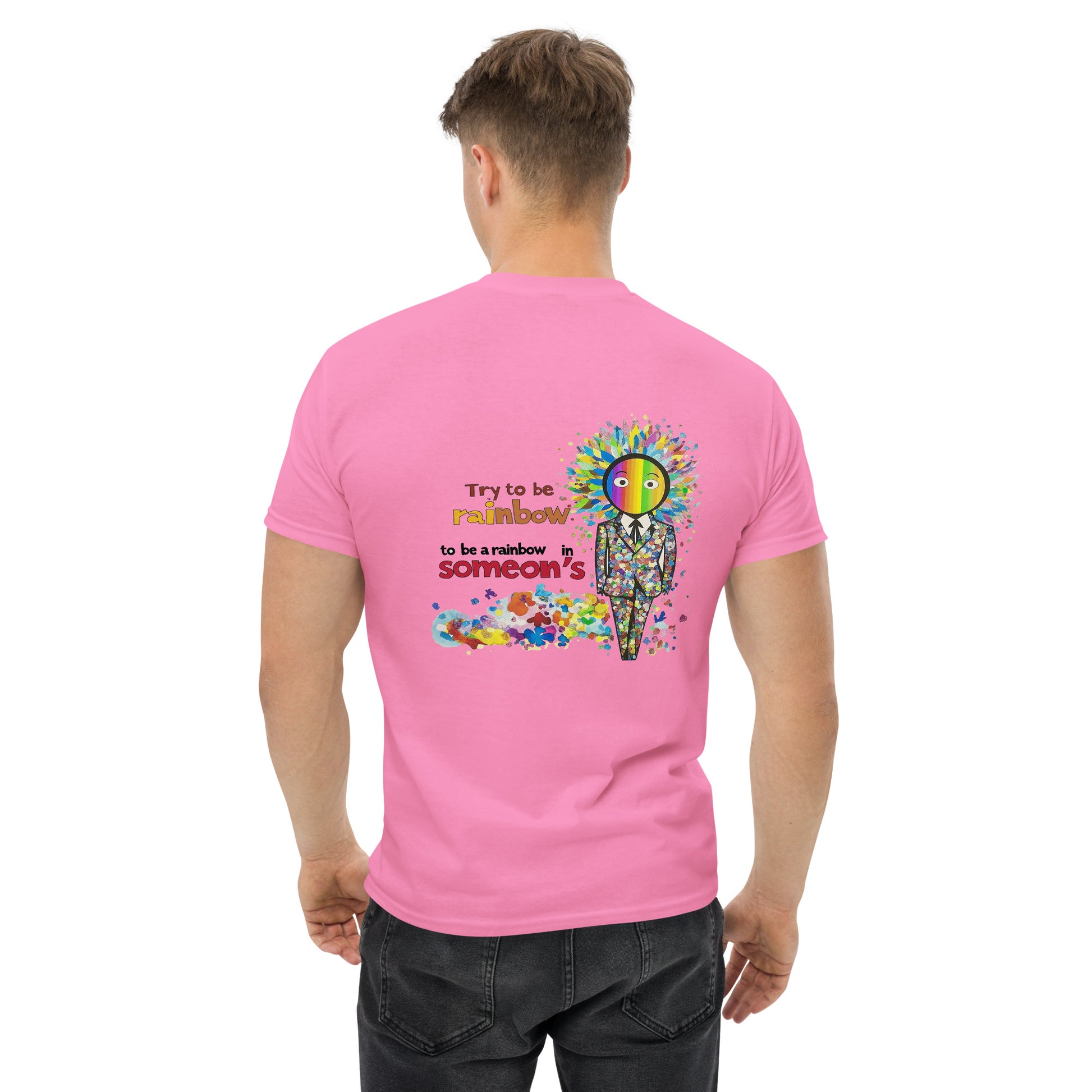 Pink unisex T-shirt — back print: colorful floral skull with text, front left chest small skull graphic
