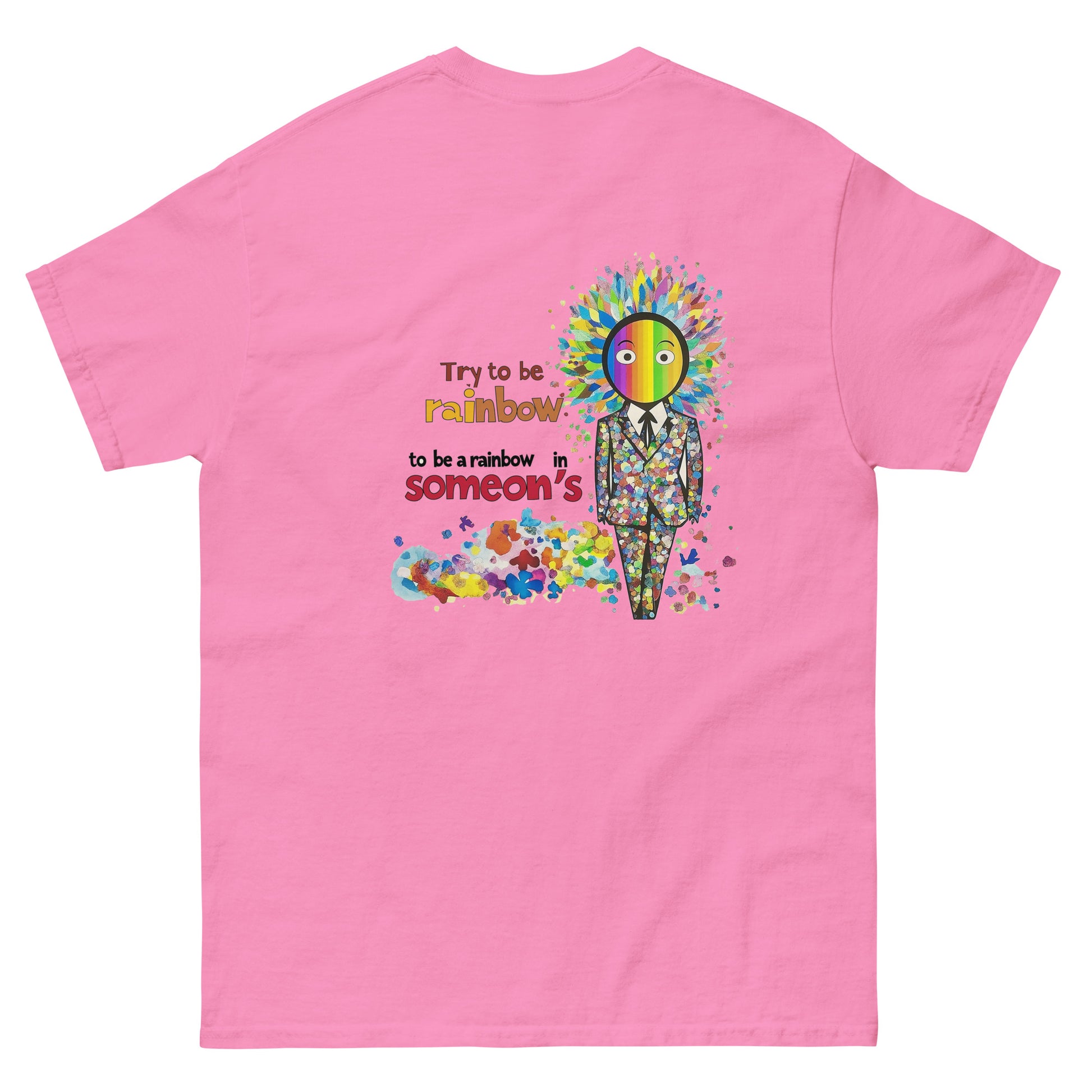 Male model wearing pink T-shirt — back print: colorful floral skull with text, front left chest small skull graphic