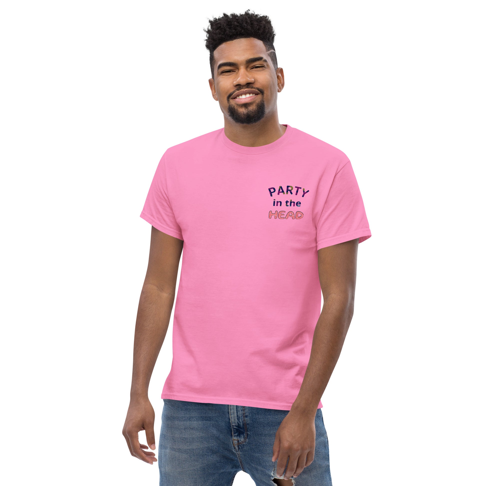 Male model wearing pink T-shirt — front text: PARTY IN THE HEAD