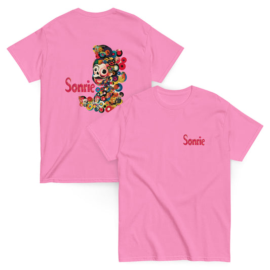 Pink unisex T-shirt with Sonrie text and a large colorful abstract side print