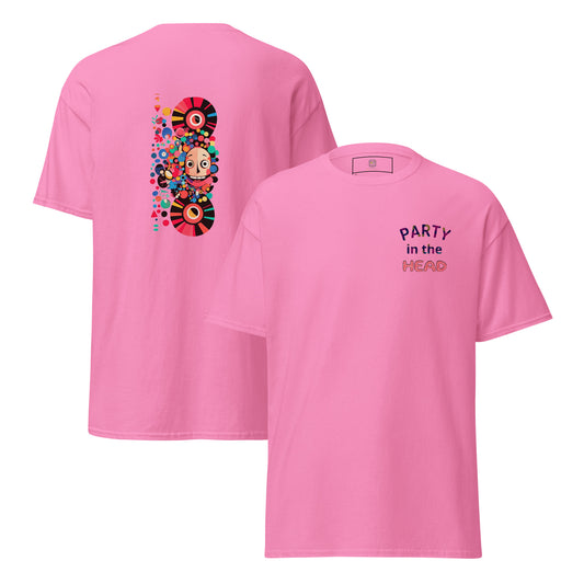 Pink unisex T-shirt — back print: colorful abstract skull design, front text: PARTY IN THE HEAD