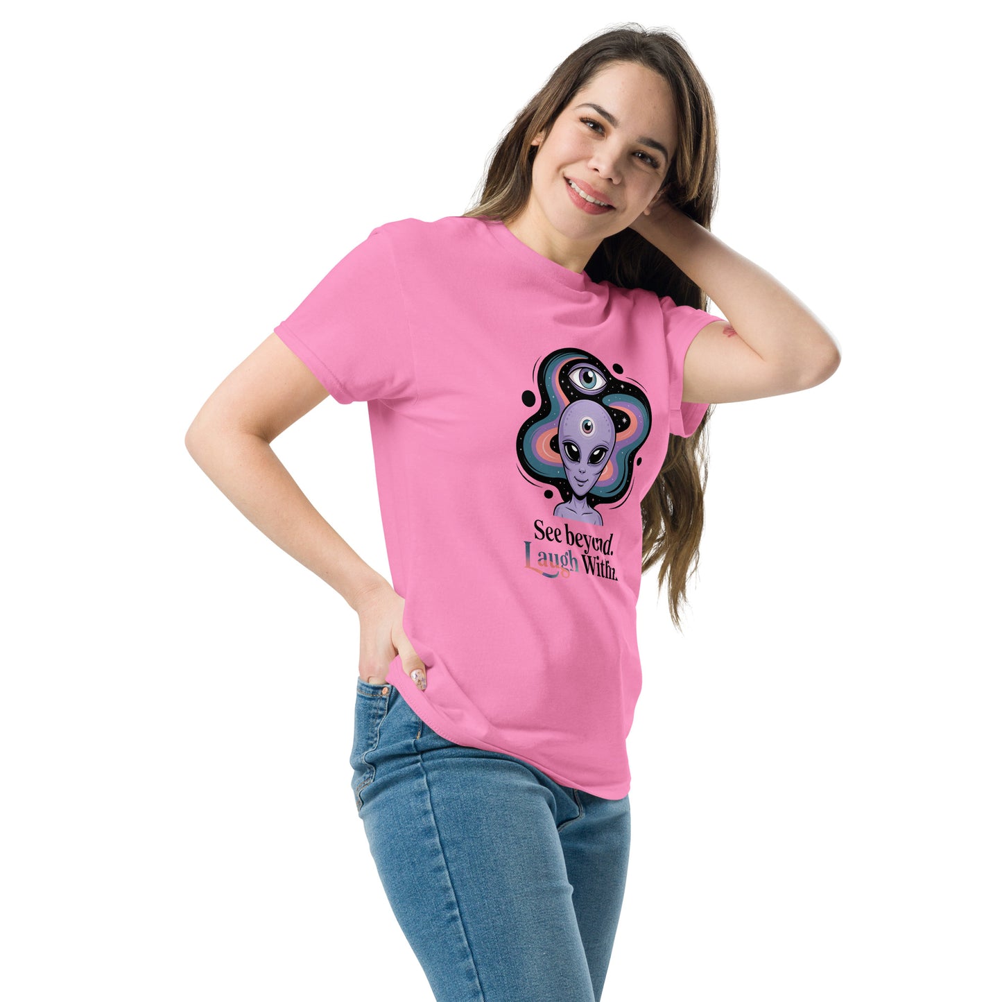 Female model wearing pink T-shirt — front print: alien in cosmic background with text See beyond, I am Within.