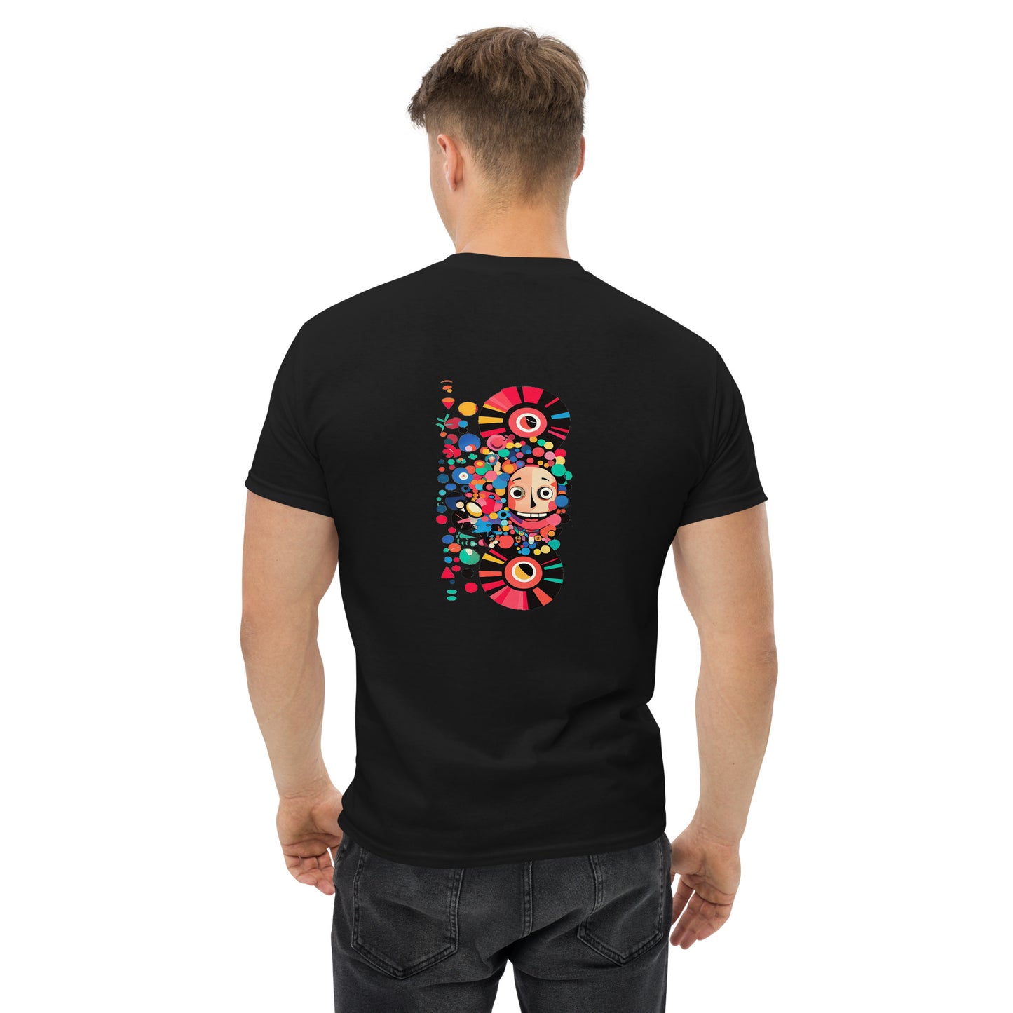 Black unisex T-shirt — back print: colorful abstract skull design