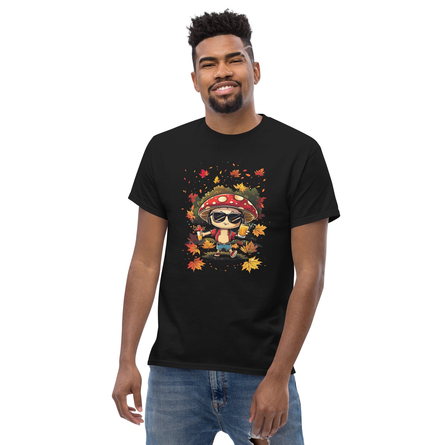 Dark brown T-shirt on a female model, showing the mushroom surrounded by falling leaves.