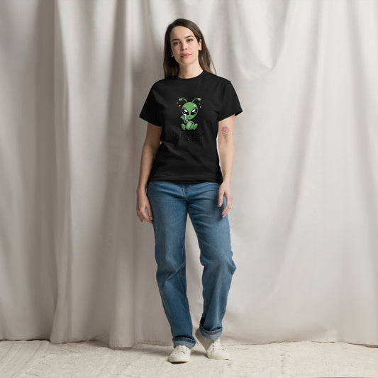 Black t-shirt with Zoggy-42 alien character graphic.