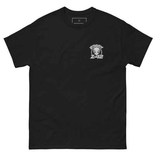 Black unisex T-shirt — front left chest small grey alien head with text ZOGGY Z-42