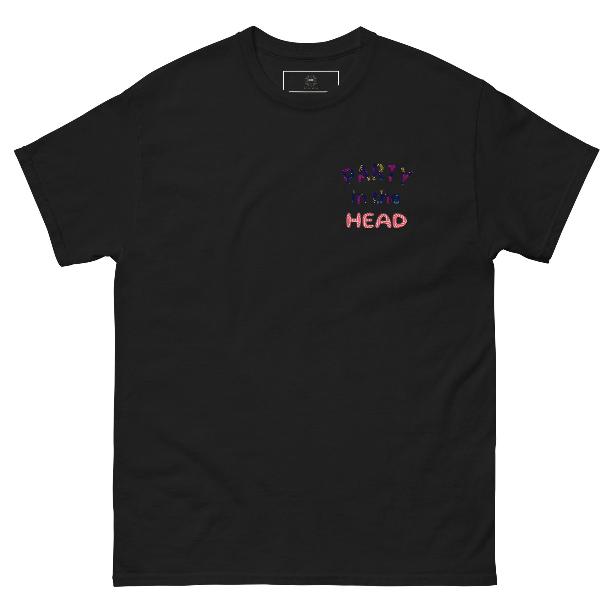 Black unisex T-shirt — back print: colorful abstract skull design, front text: PARTY IN THE HEADroduct mockup