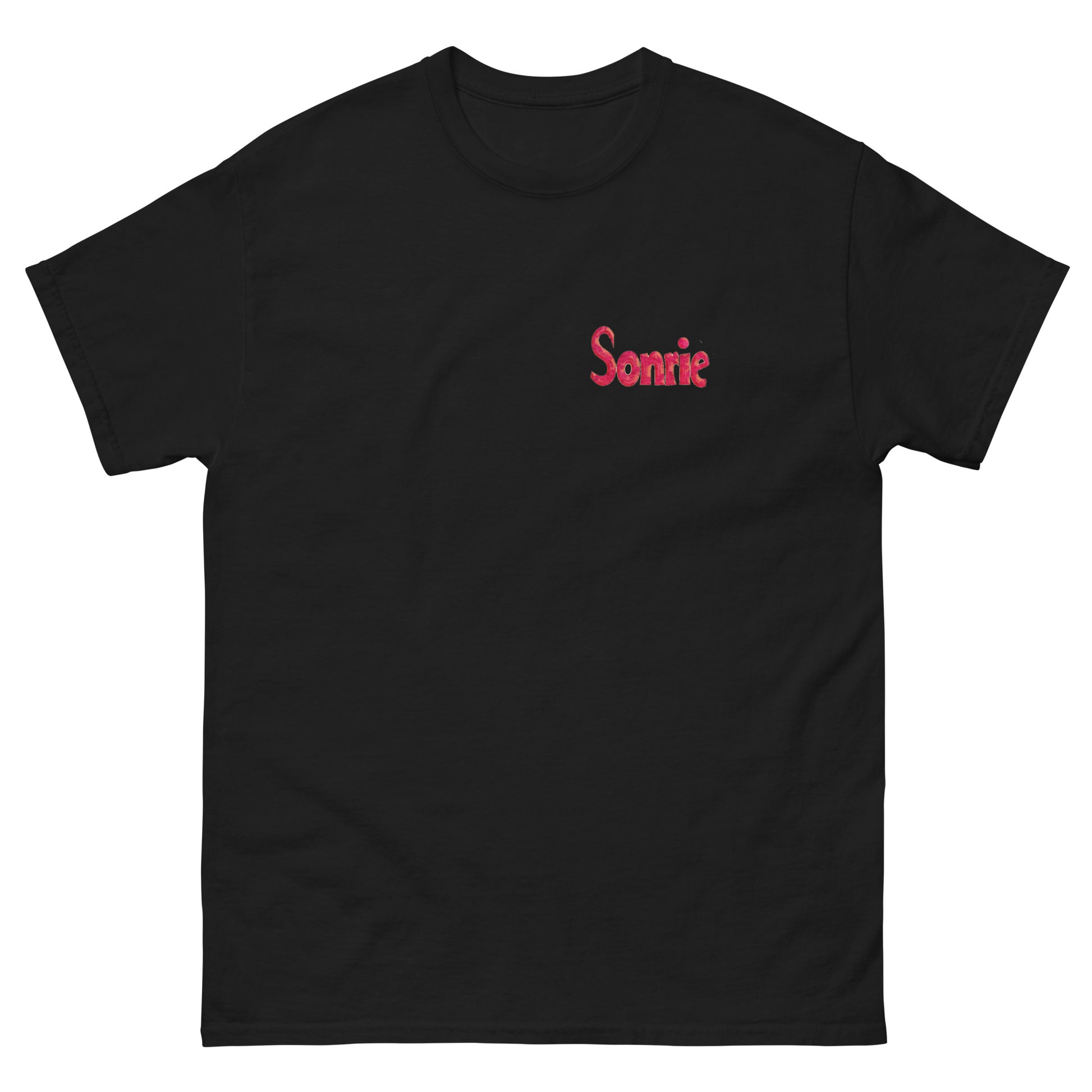 Black unisex T-shirt with Sonrie text on the chest