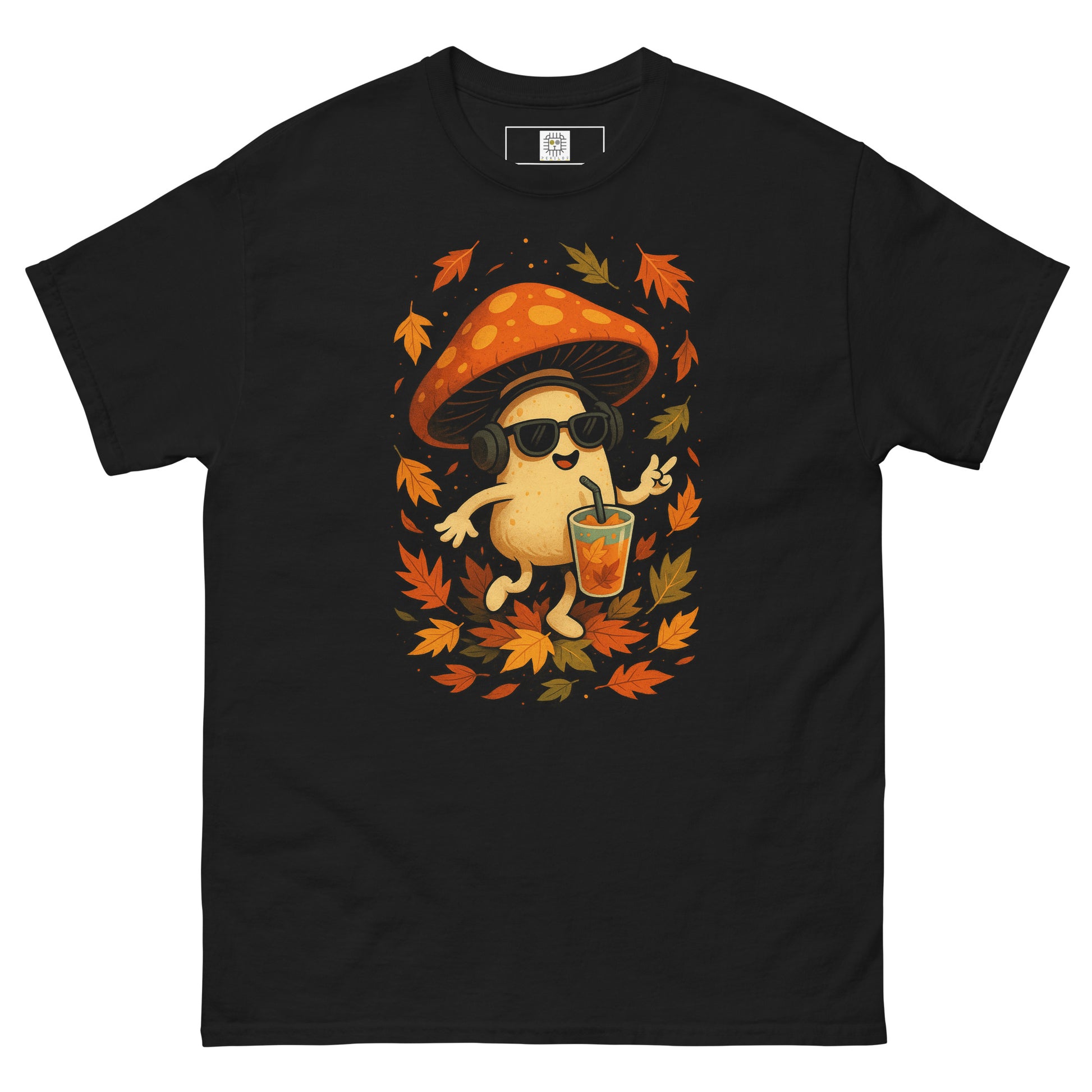Black T-shirt on female model (front view) – dancing mushroom print with colorful autumn details.