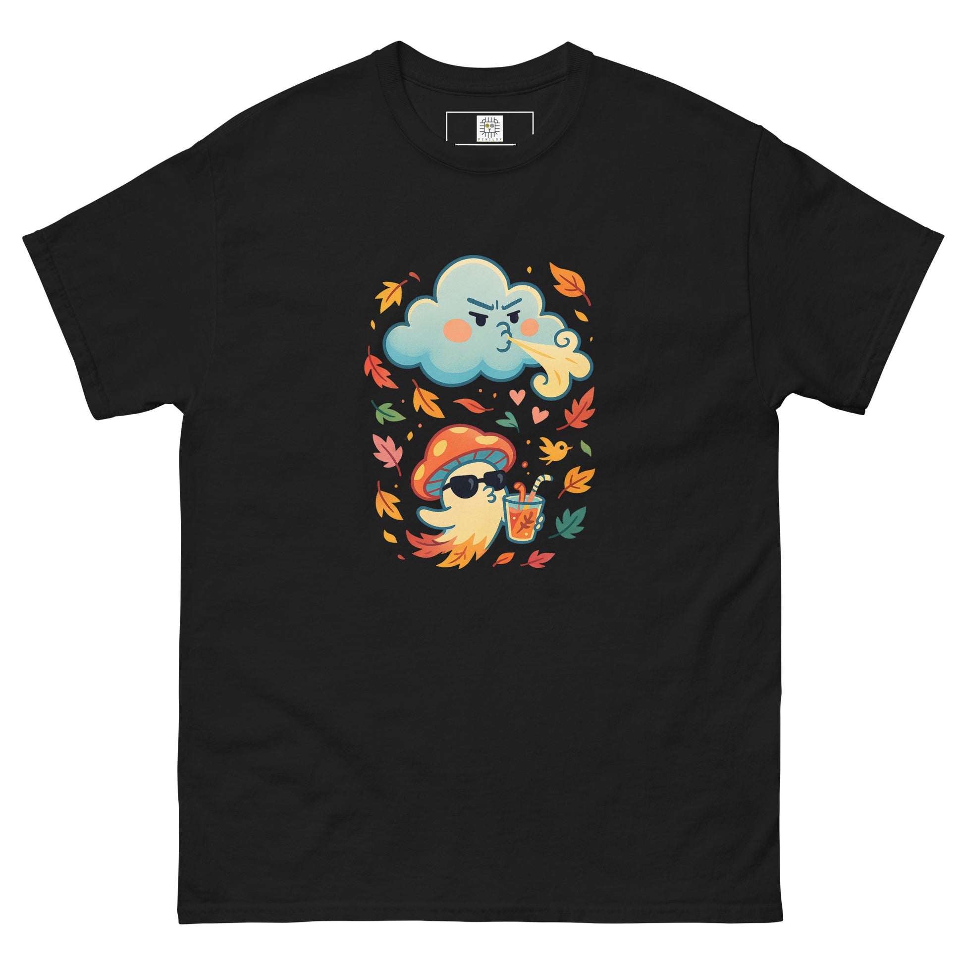 Black flat lay T-shirt – Black t-shirt with fun mushroom character and colorful leaves, MushLOL Collection.