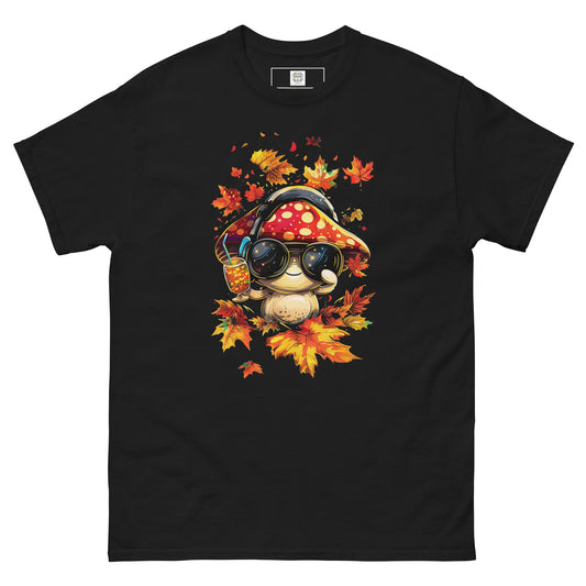 Black flat lay T-shirt – Unisex black autumn graphic tee with funny mushroom character wearing sunglasses, MushLOL Collection.