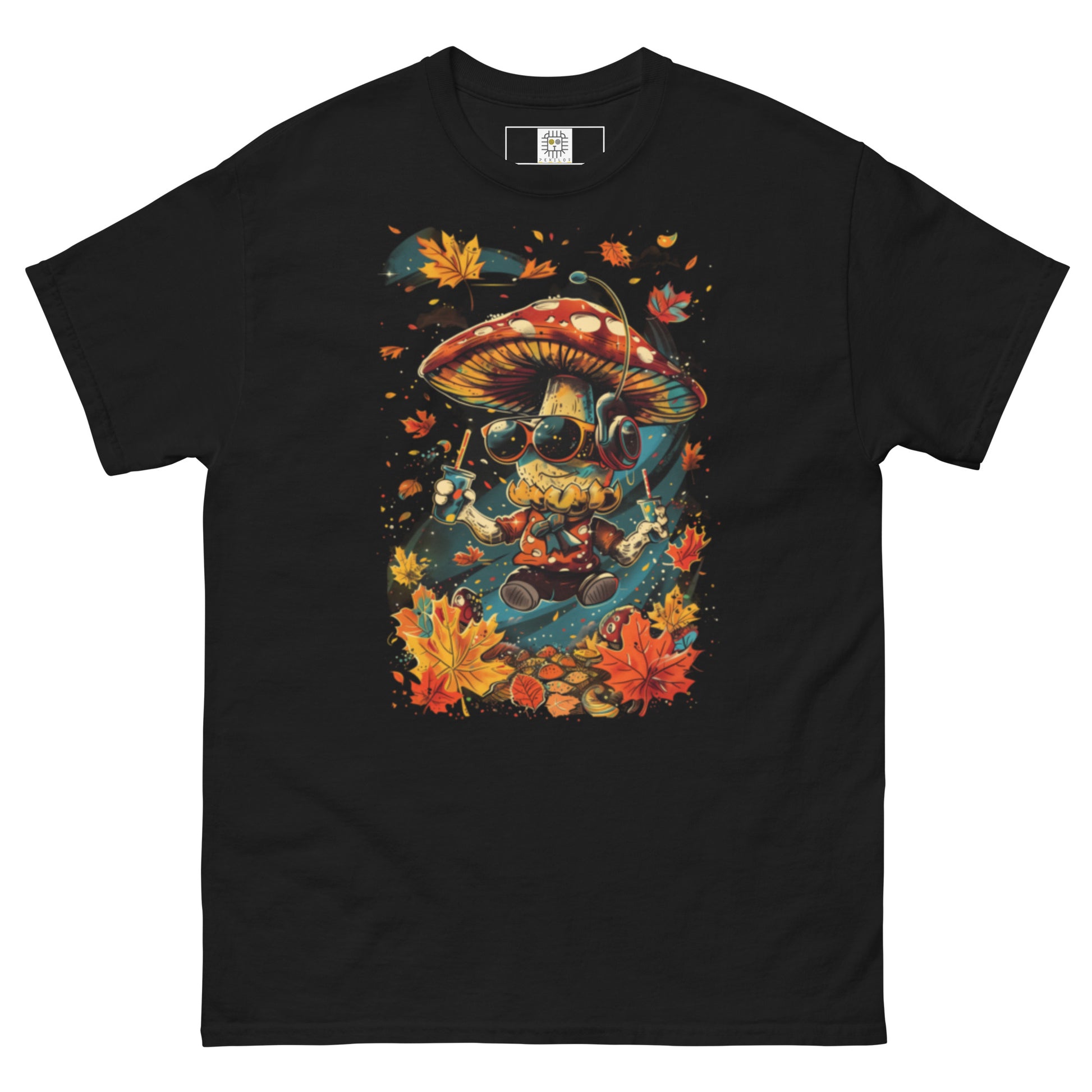 Black flat lay T-shirt – Unisex black t-shirt with mushroom DJ surrounded by autumn leaves, MushLOL Collection.