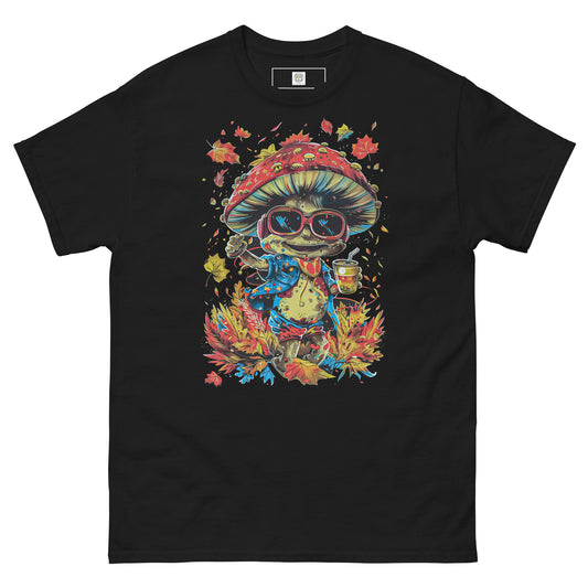 A black T-shirt with a colorful autumn mushroom character print (MushLOL design) displayed flat.