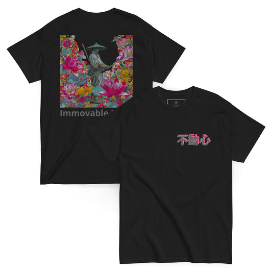 Black unisex T-shirt – Immovable samurai design, front and back view.