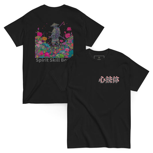 Black unisex T-shirt – Spirit Still Burns samurai design, front and back view.