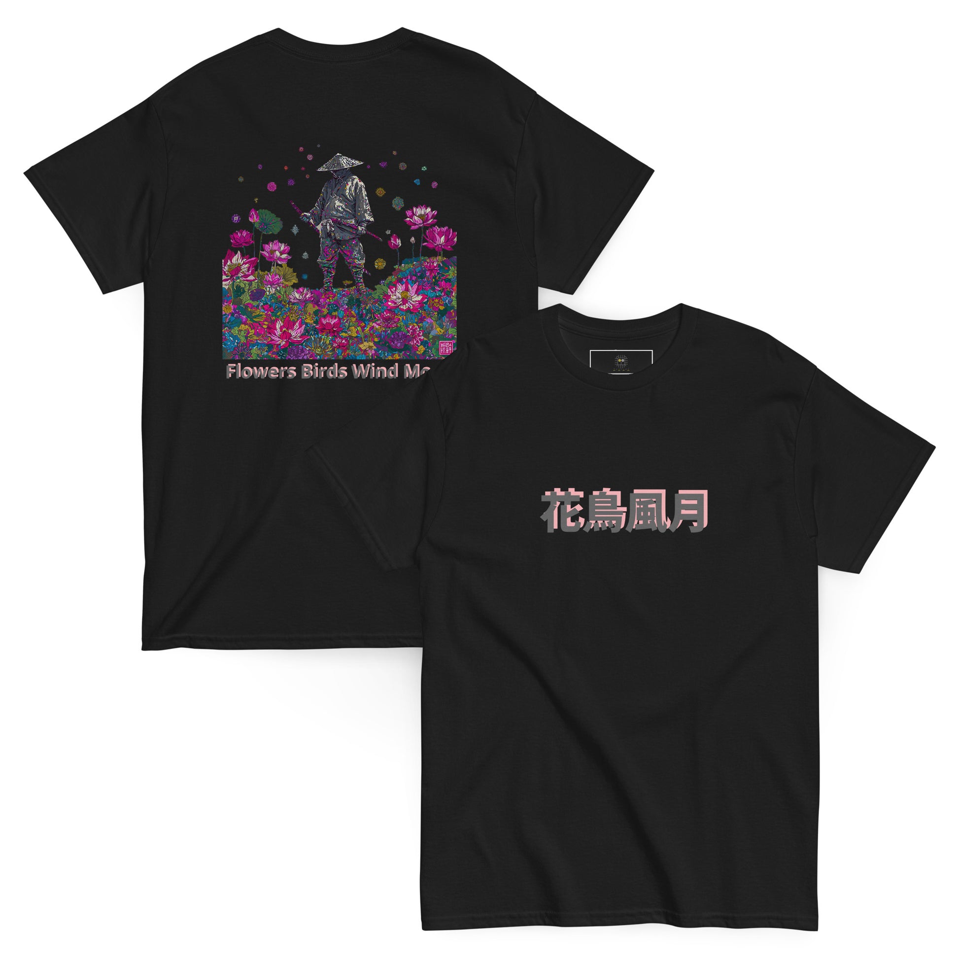 Black unisex T-shirt – Flowers and moon samurai design, back view