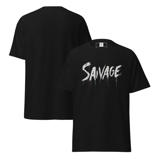 T-shirt front and back (no model): Black Savage t-shirt front and back view with bold white graffiti-style text.