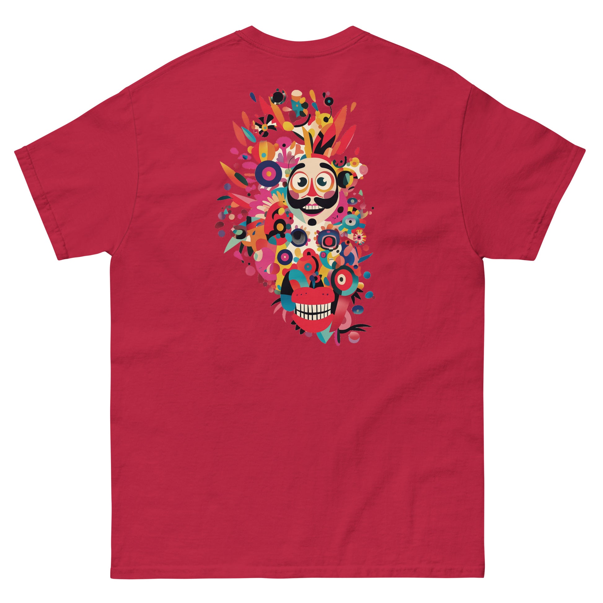 Red T-shirt with large multicolor abstract face design on the front. Artistic streetwear for bold personalities