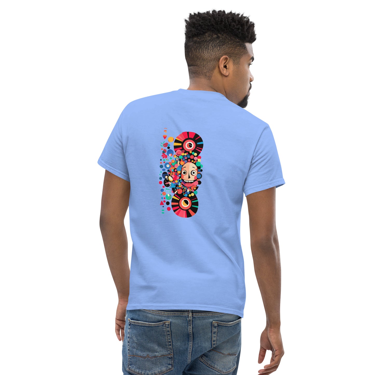 Black unisex T-shirt — back print: colorful abstract skull design
