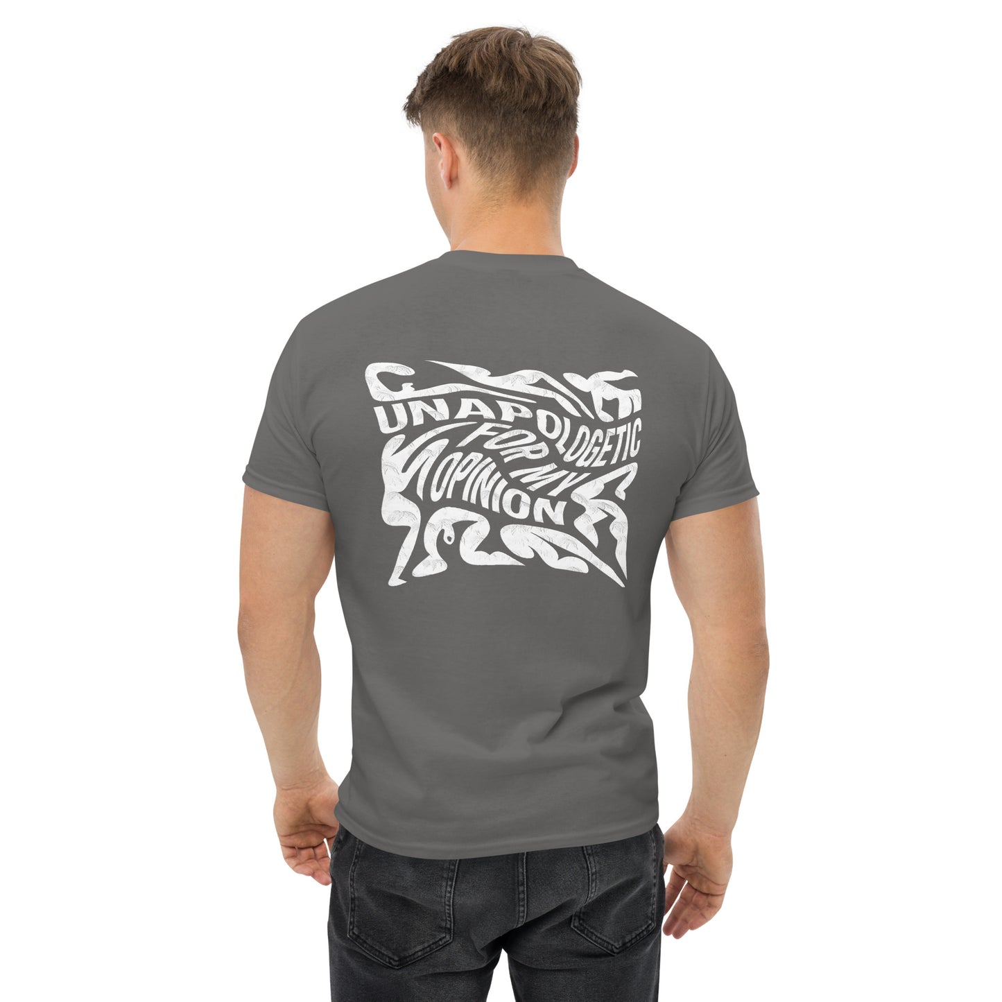 Man wearing grey feminist quote t-shirt with large back print “Unapologetic Feminist” – Sisterhood Club Collection