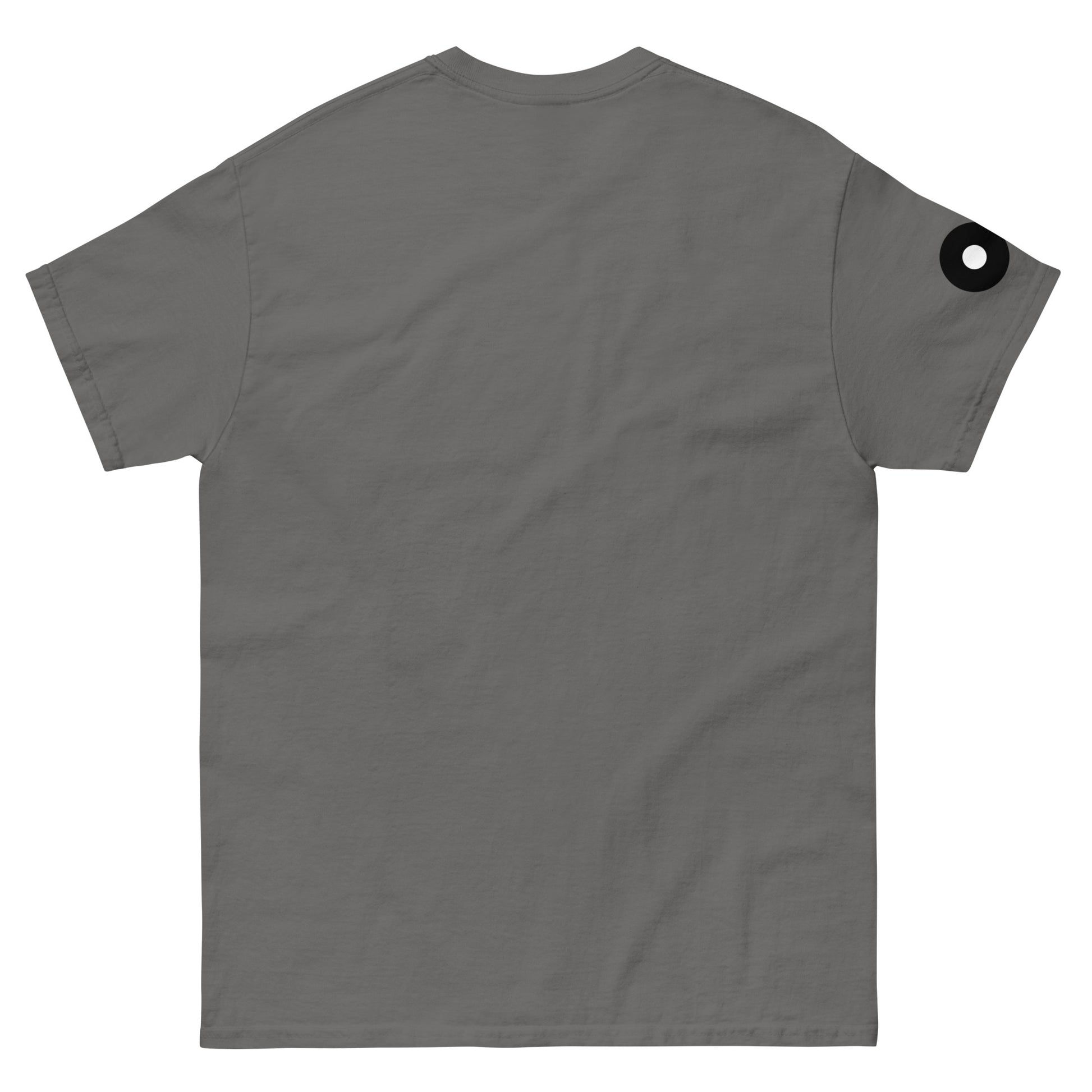 Back view of the grey t-shirt with a completely clean surface. The absence of any back print reinforces focus on the front symbol and the subtle right sleeve detail.

