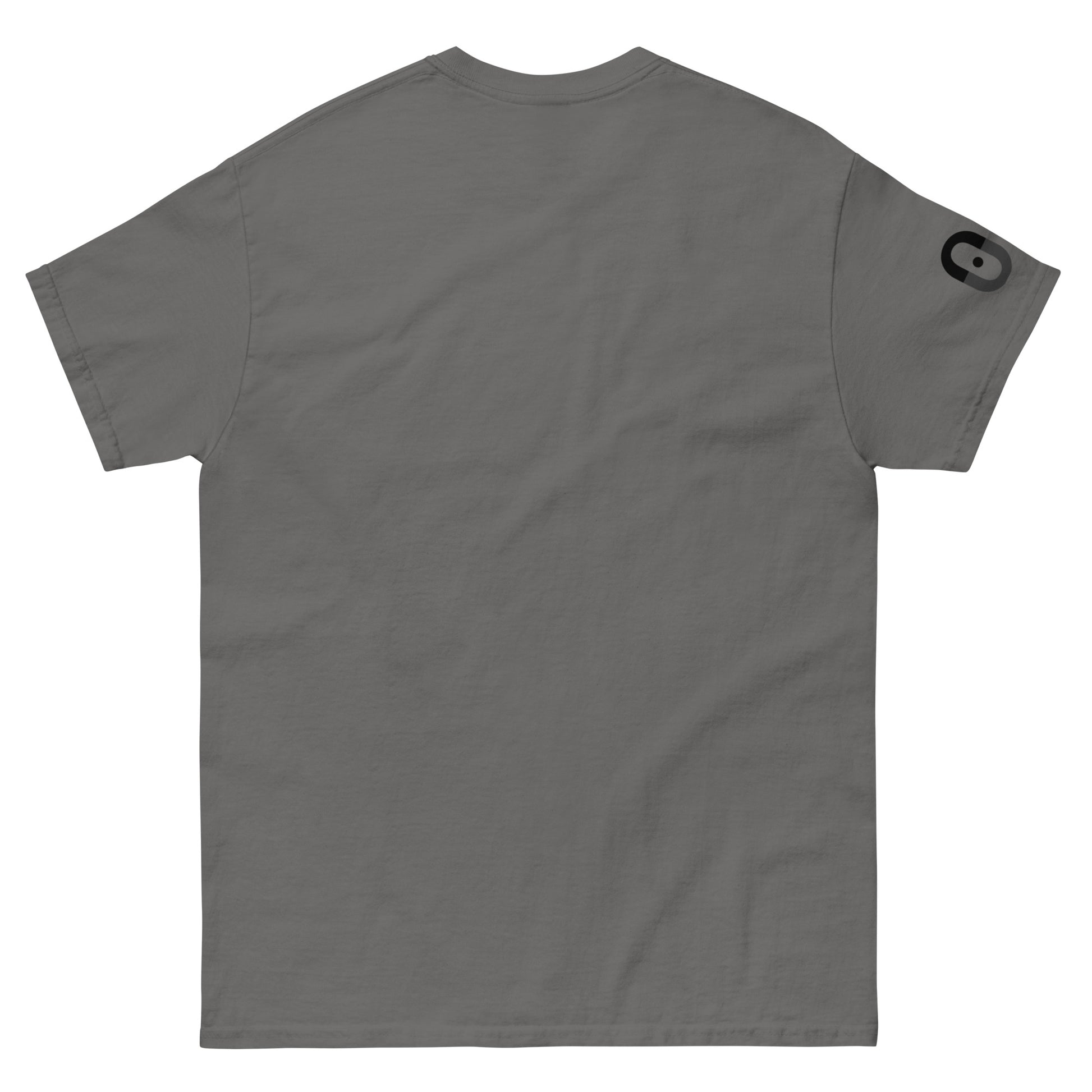 Back view of the grey t-shirt showing a completely clean surface. No back print is present, maintaining a minimal and restrained design.