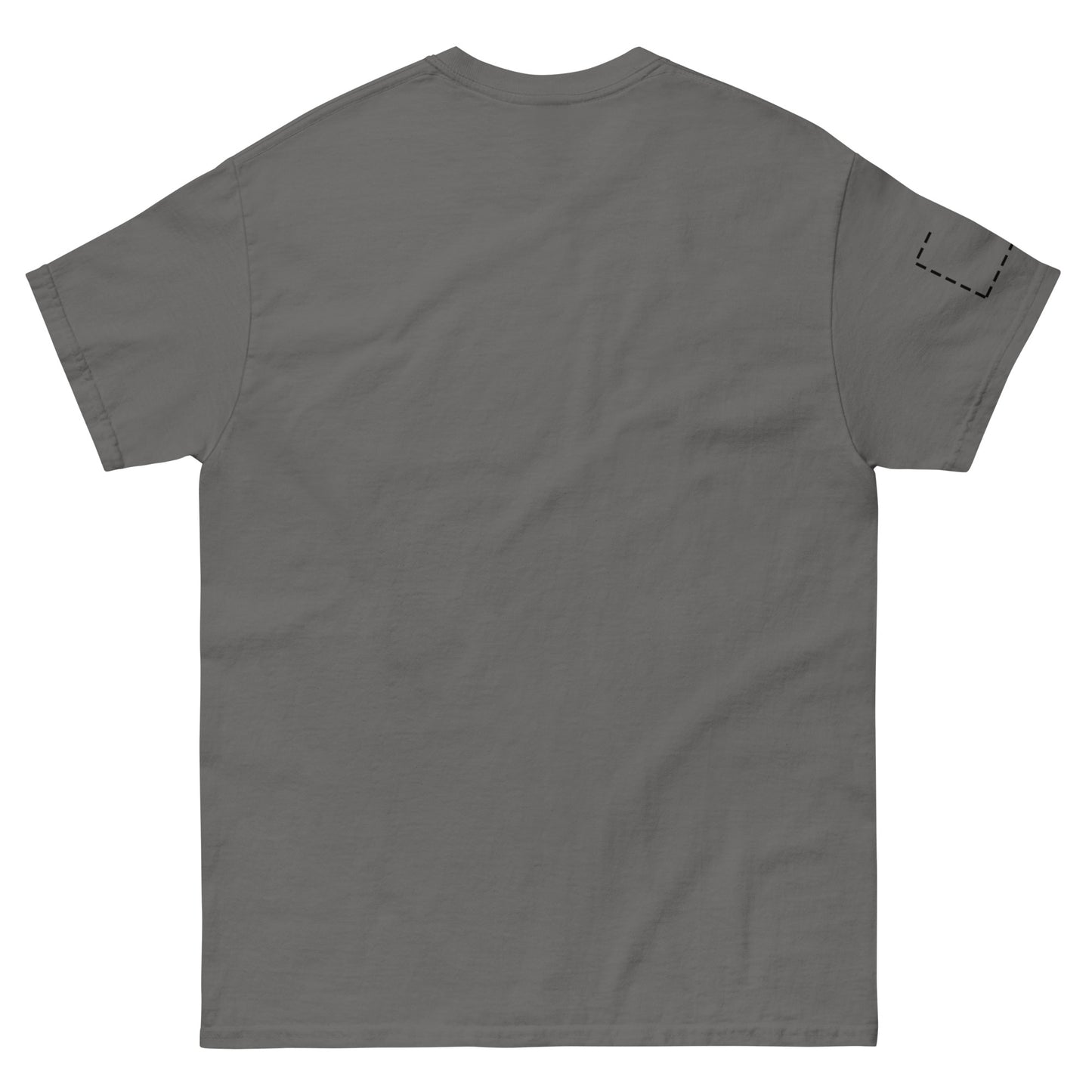 Back view of the grey t-shirt with a completely clean surface. The absence of any back print reinforces the front-focused design.