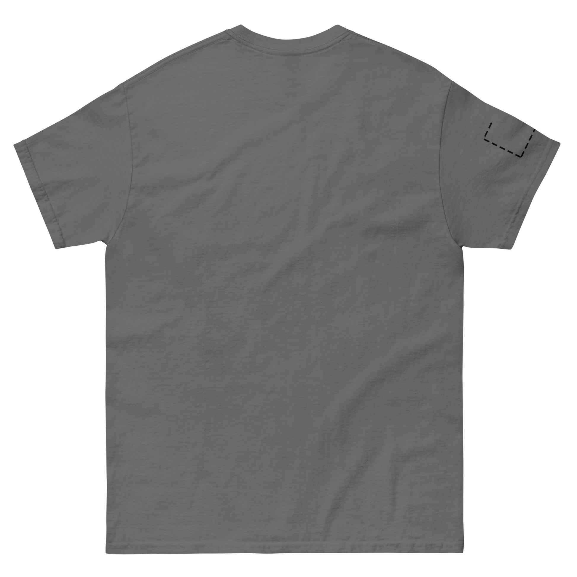 Back view of the grey t-shirt with a completely clean surface. The absence of any back print reinforces the front-focused design.
