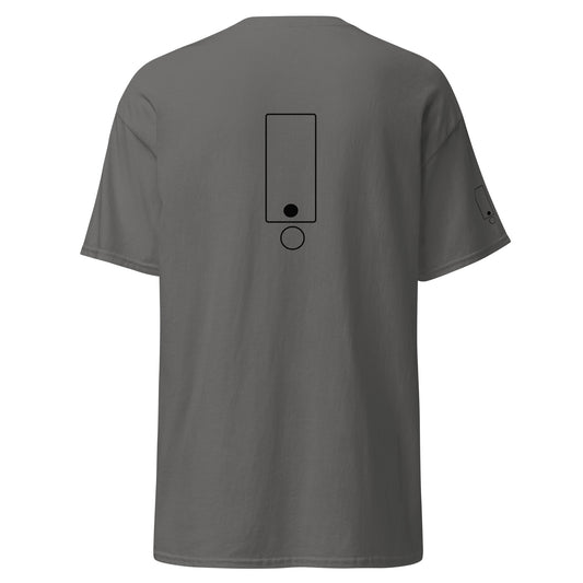 Back view of a grey t-shirt featuring a vertical rectangular outline with a black dot inside and an open circular mark below. The composition is centered on the upper back and reads as a structured, minimal graphic.