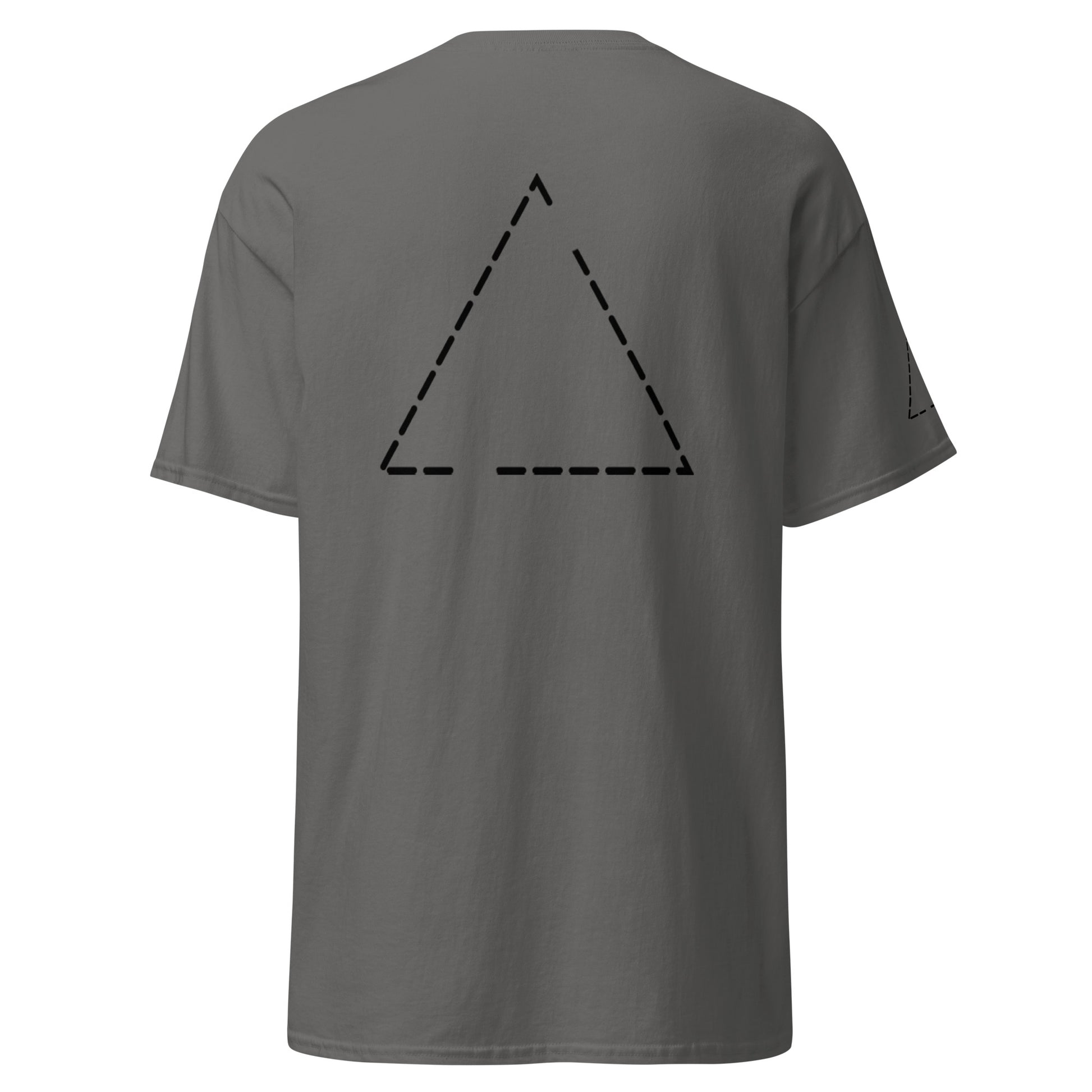 Back view of a grey t-shirt featuring a dashed triangular outline centered on the upper back. The broken lines form a stable but open geometric shape.