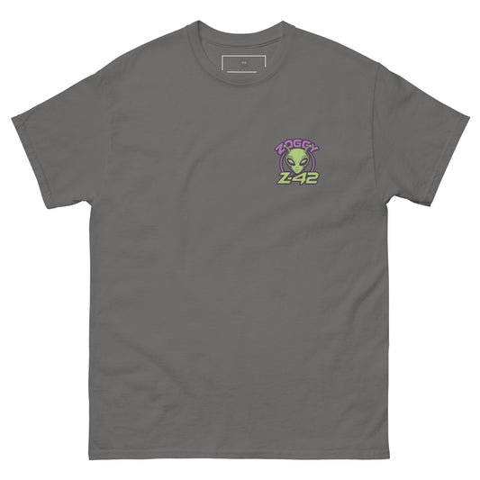 Grey unisex T-shirt — front left chest small alien in spaceship graphic