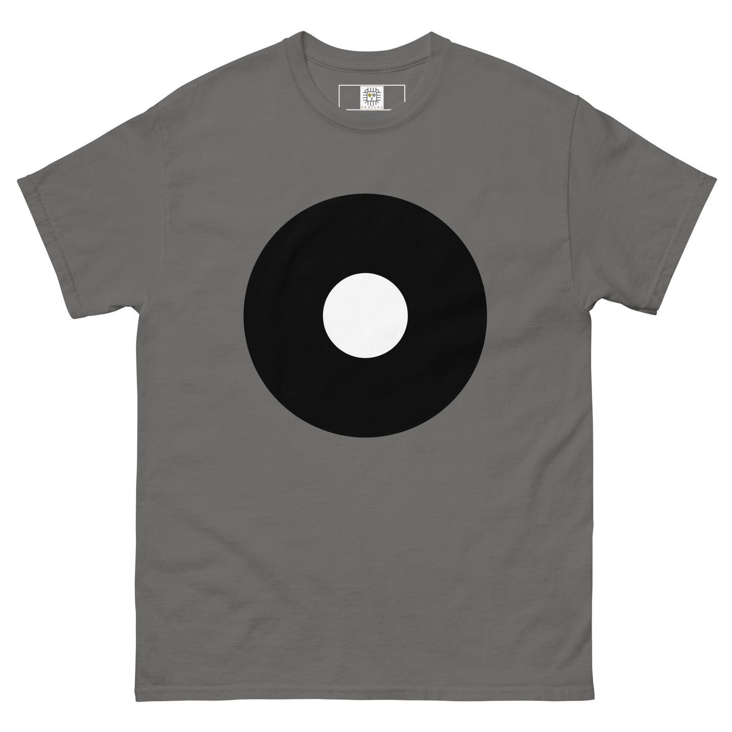 Front view of a grey t-shirt featuring a large centered black circular symbol. The graphic establishes a strong visual anchor, while the right sleeve includes a smaller matching mark as a secondary detail.