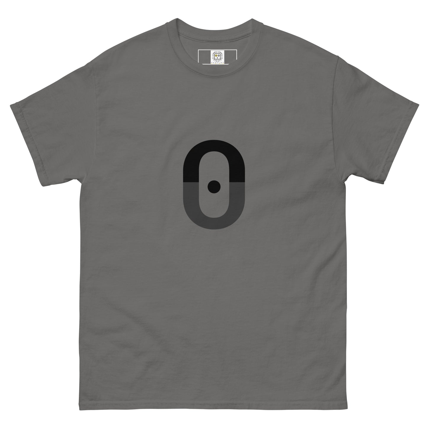 Front view of the t-shirt in light grey, featuring the same centered black zero symbol. The muted background softens contrast while preserving clarity of the shape.