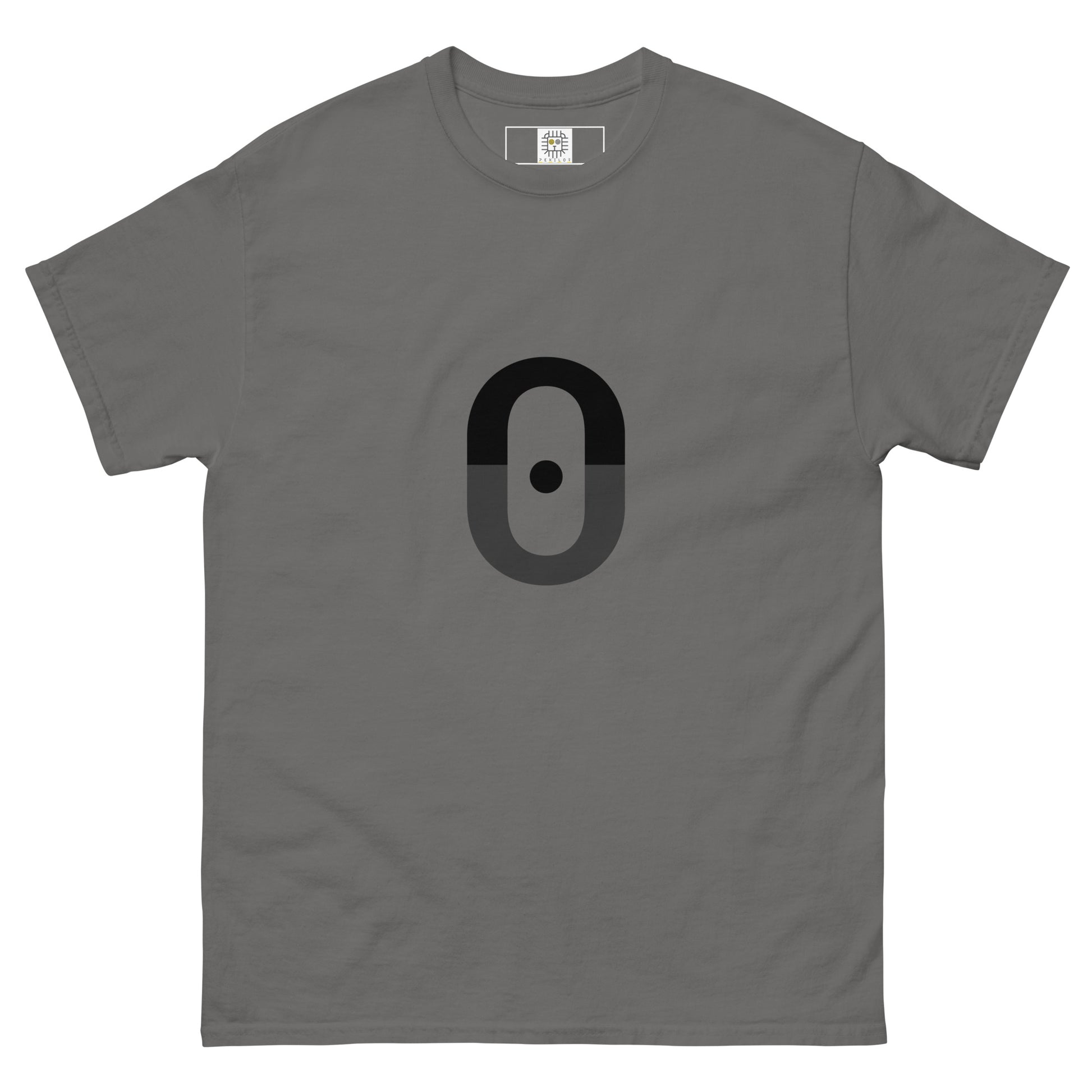 Front view of the t-shirt in light grey, featuring the same centered black zero symbol. The muted background softens contrast while preserving clarity of the shape.