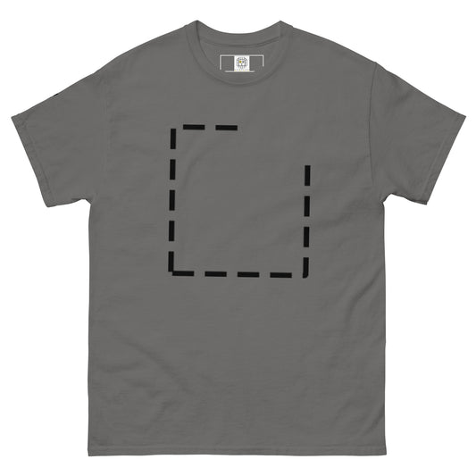Front view of a grey t-shirt featuring a dashed square graphic slightly rotated and centered on the chest. The broken contour creates an open, incomplete frame with subtle visual tension.