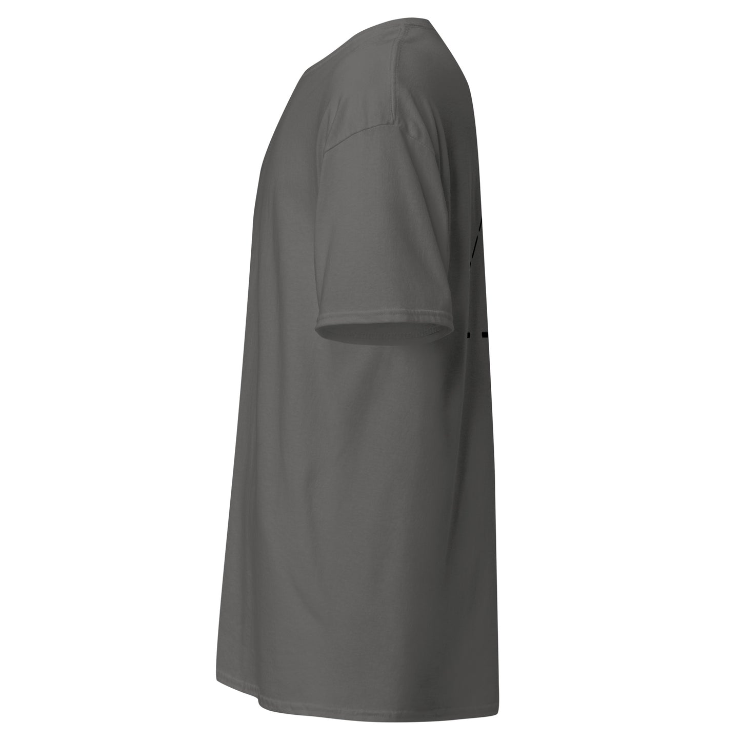 Side view of the grey t-shirt showing the relaxed fit and smooth fabric drape. No side graphics are present.